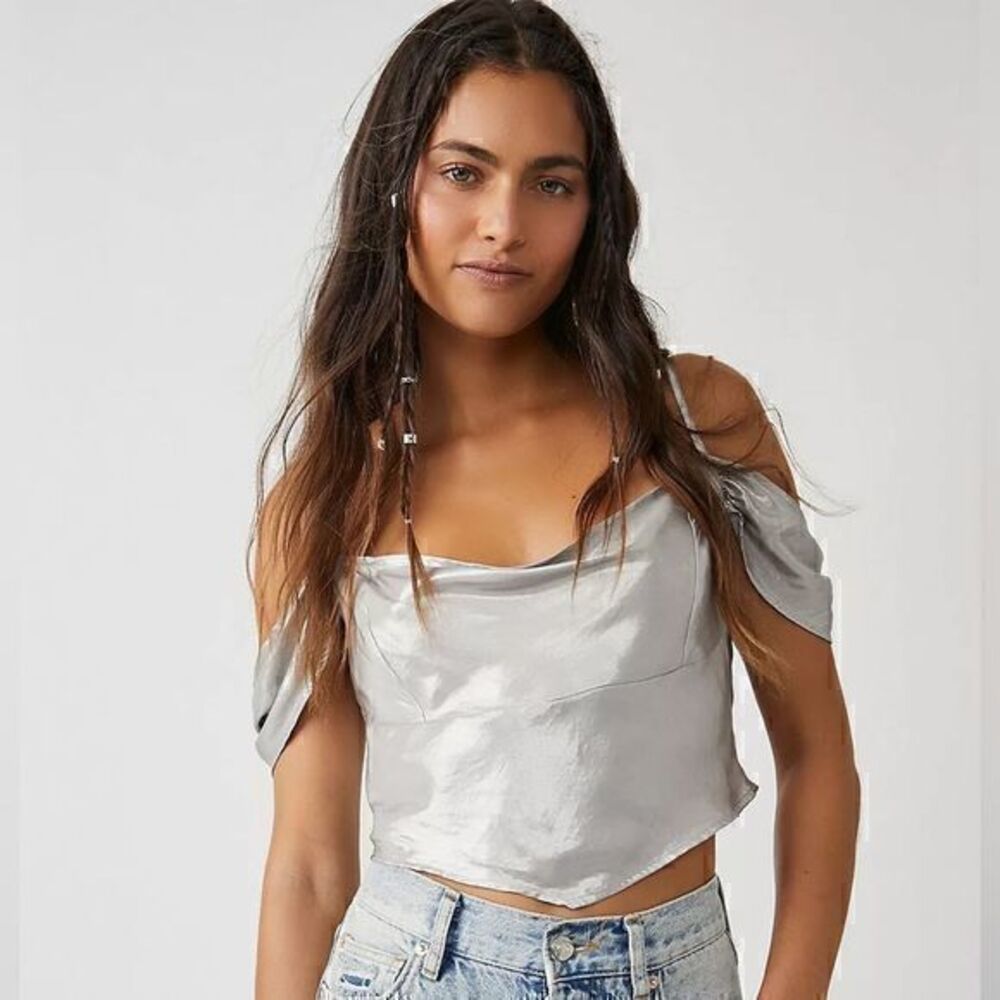 NWT Free People Metallic Blouse Crop Top Smocked Back Flutter Sleeve